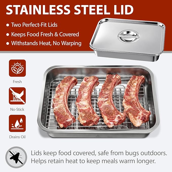 Stainless Steel Grill Prep & Serve Tray Set with Lids – Grill Carry System for Large Food Prep, Marinating Containers, Oven Roasting, and Serving (Grill Prep & Serve Tray Set #1)