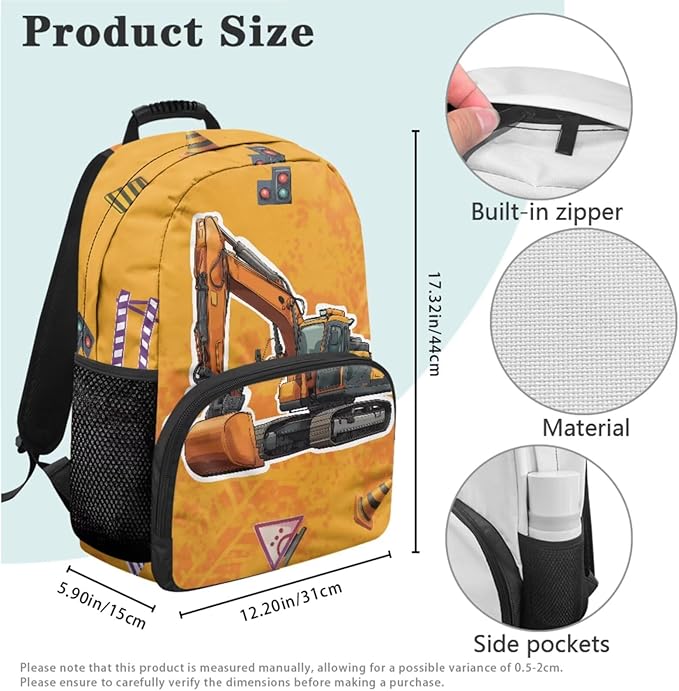 Excavator Backpack and Lunch Box Set Boys Kids Backpack Elementary School Perfect for School, Camping and Other Outdoor Activities