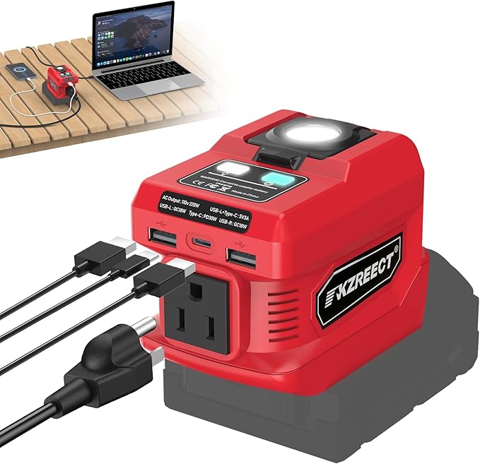 220W Power Inverter Compatible with Milwaukee 18V Batteries (Battery Not Included), DC to 110V AC Converter with 1 AC Outlet, USB-C, Dual USB-A & 400LM LED – Outdoor, Camping & Emergency Use