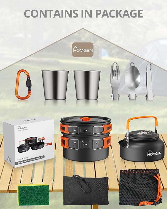 HOMGEN Portable Camping Cookware Set-Lightweight Aluminum Camp Pots and Pans Kit-Comes with Non-Stick Pots/A Frying Pan etc-Complete Camping Mess Kit for Camping/Hiking/Fishing & Other Outdoor Trip