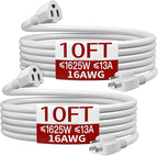 16/3 Short Extension Cord 10 FT 2 Pack, White Extension Cord Flexible & Durable, Indoor 3 Prong Power Cable, Suitable for Home and Office, 13 Amp 1625 Watt 125VAC 16AWG, ETL Listed
