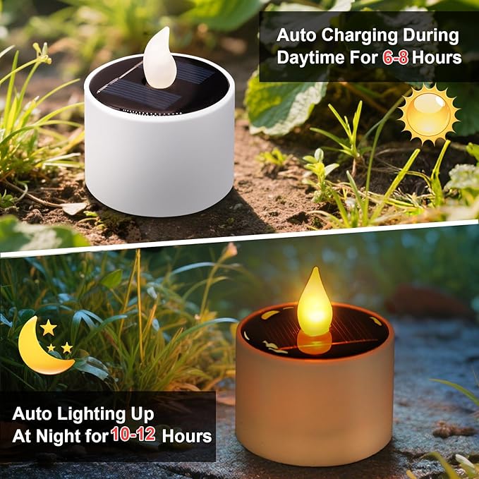 Solar Tea Lights Outdoor - 6 Pack Waterproof Rechargeable Dusk to Dawn Outdoor Lighting Flameless Flicker Reusable LED Solar Candles for Lanterns Camping Garden Home Decorations, 2.3''x2.1''