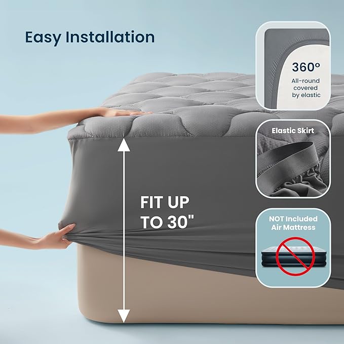 SLEEP ZONE Twin Air Mattress Pad Cover, Plush Quilted Air Mattress Topper, Breathable and Noiseless Air Bed Mattress Protector with Deep Pocket Fits Up to 25 Inches Mattress (Dark Gray)