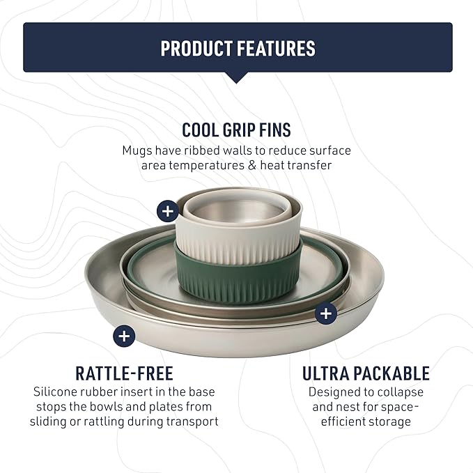 Sea to Summit Detour Stainless Steel Collapsible 2 Person Camp Dinnerware Set (2 Plates, 2 Bowls, 2 Mugs)