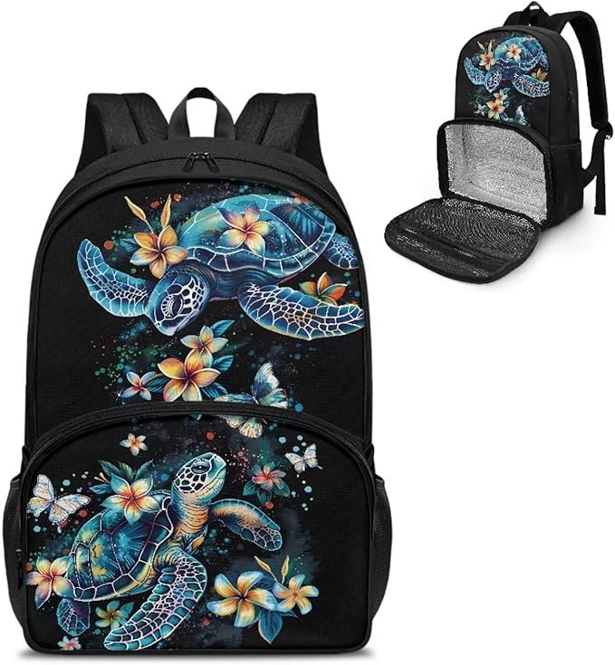 Sea Turle Flower Kids Lightweight Shoulder Backpack 17 Inch Travel Laptop Insulated Cooler Bag Box Stain-resistant Unisex Large Capacity Casual Backpack Meal Bag Lunchbox