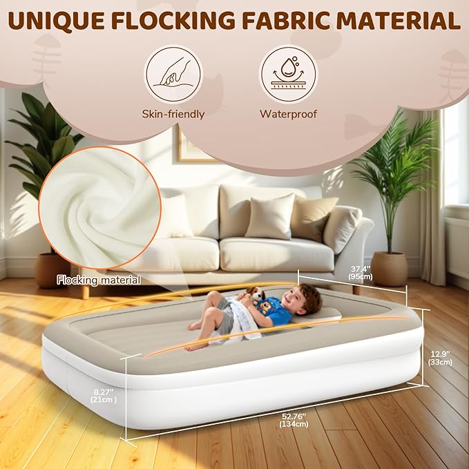 Inflatable Toddler Travel Bed - 53 Inches Portable Toddler Air Mattress with Four Safety Sides - High-Speed Pump and Carry Bag - Comfortable Mattress & Easy to Inflate and Deflate - Apricot