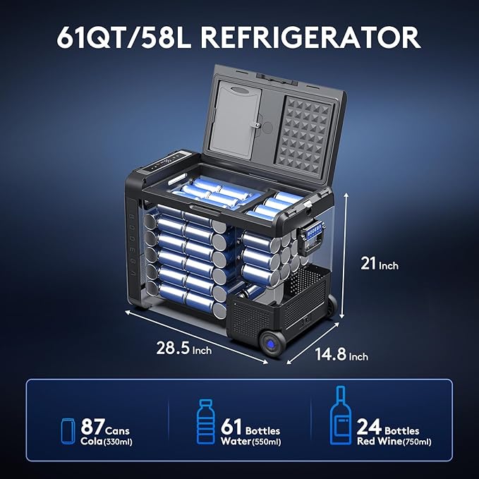 BODEGACOOLER 12 Volt Car Refrigerator, 61Quart (58L) Car Fridge WIFI APP Control, Protable Freezer -4℉-68℉, RV Electric Cooler 12/24V DC 100-240V AC for Outdoor, Truck, Van, Vehicles, Camping, Travel