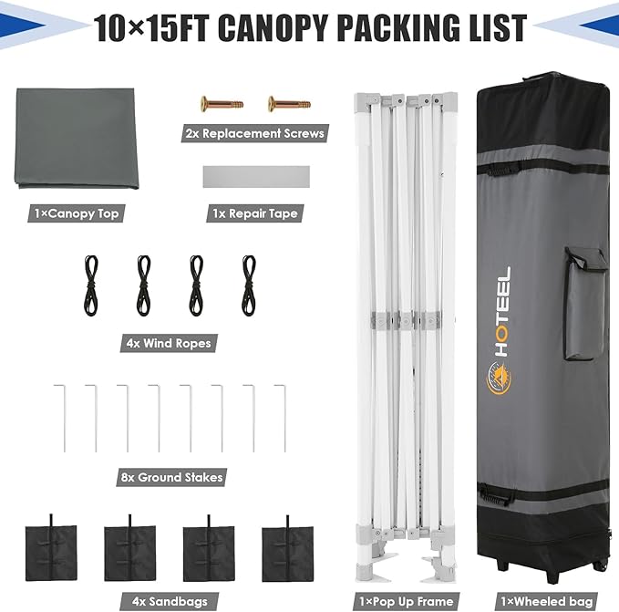 HOTEEL 10x15 Heavy Duty Pop Up Canopy Tent for Parties Event Wedding Commercial Canopy Instant Portable Folding Tent with Roller Bag, Waterproof UV Resistant, Upgraded Thick Hexagonal Legs, Gray