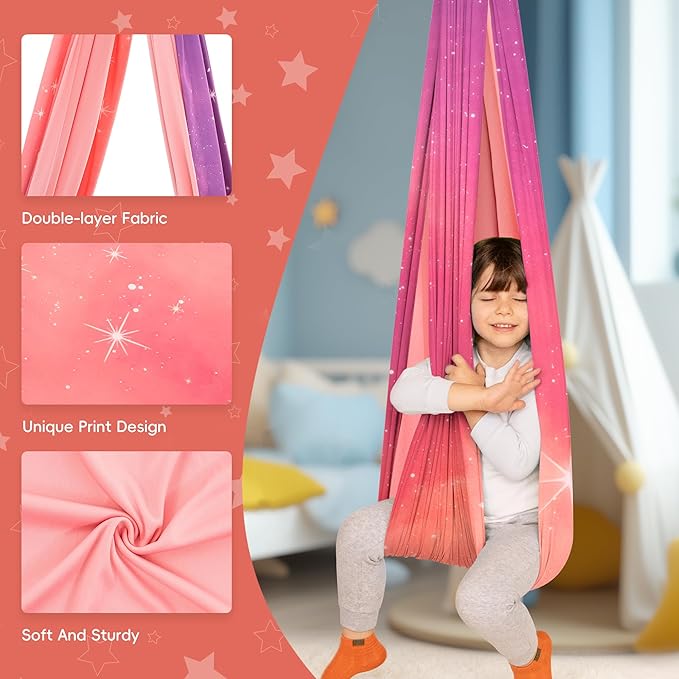 OUTREE Sensory Swing for Kids, Double Layer Therapy Hammock, Indoor Swing with 360° Swivel Hanger Kit and Adjustable Straps, Autism Sensory Product for Autism, ADHD or SPD (Pink Starry-Sky Printed)