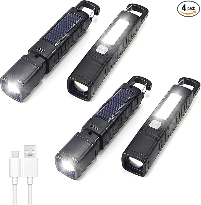 4 Pack Solar Flashlight, Rechargeable Zoomable LED Flashlight, High Lumens Solar Powered Flashlights with Tail Hook Rechargeable Handheld Flashlights for Home Emergency Camping Hiking