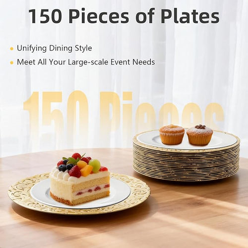 150 Pcs Gold Charger Plates Bulk, 13" Round Dinner Charger Plates, Decorative Plastic Embossed Table Chargers for Wedding Christmas Party Baby Shower Event Decoration (Gold)