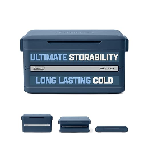 Coleman Snap 'N Go 55-Quart Collapsible Hard Cooler, Portable Hard-Sided Cooler with Waterproof Removable Liner, Space-Saving & Quick Set Up, 64 Hours Cold, Sapphire Blue
