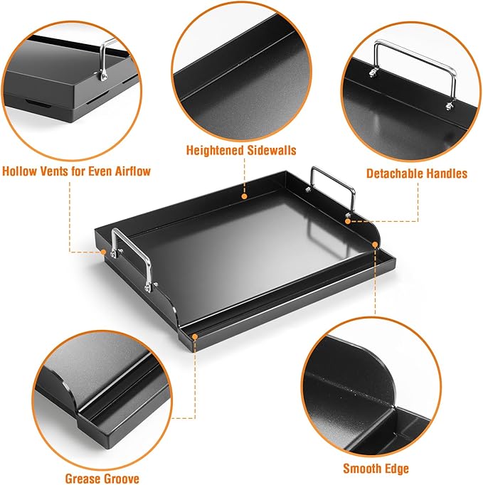 17" x 13" Nonstick Coating Cooking Griddle for Gas Grill, Universal Flat Top Plate Insert with Grease Groove and Removable Handles for Weber Charbroil Camp Chef/Gas Stove/Electric Flat Griddle