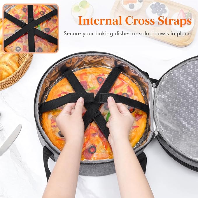Lifewit Insulated Double Decker Round Casserole Carrier, Portable Pie Carrier Bag for Hot or Cold Food, Fits 12.5" Baking Dish, Thermal Lunch Tote for Potluck Parties, Picnic and Cookouts, Grey