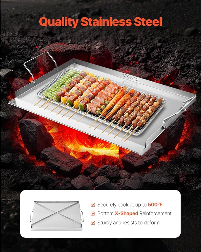 VEVOR Stainless Steel Griddle, 23x16 inch Universal Flat Top Rectangular Plate, Gas Grill Griddle for BBQ Grill, Teppanyaki, Portable Family Cookware with Handle, for Camping Tailgating Party