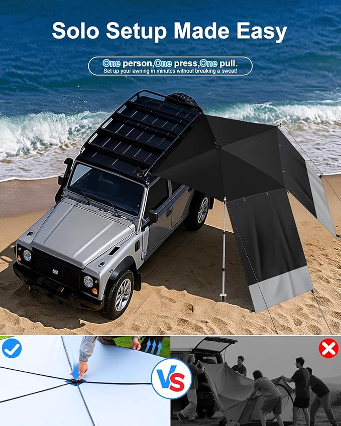 Portable Car Awning for SUV/Truck RV, Shade Waterproof Roof Rack Awning with Side Wall, Heavy Duty Magnets, Suction Cups & Reinforced Poles for Overland, Camping, Beach, Tailgating (Black)