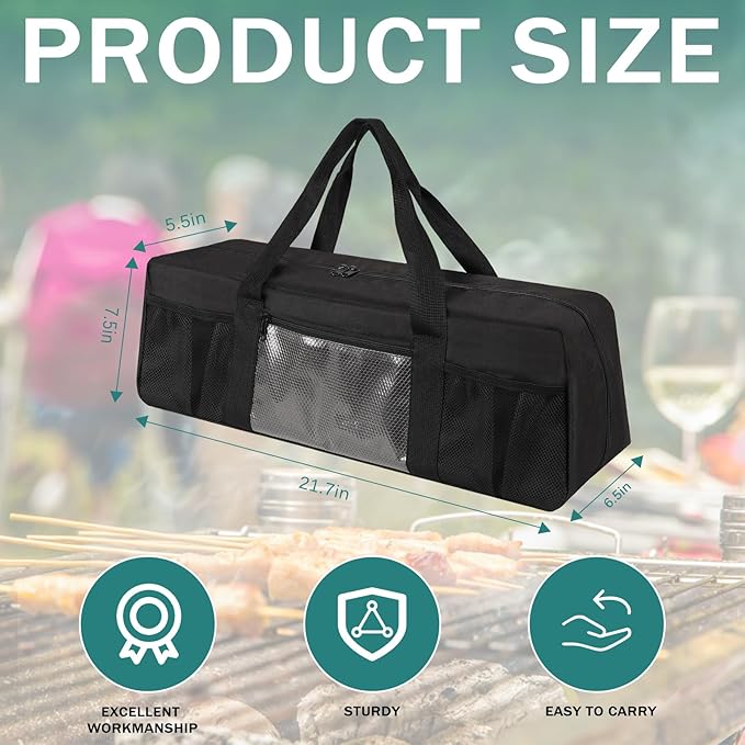 Grill Tool Storage Bag, Large Grill Utensil Storage Caddy with Pockets, BBQ Tools Storage Bag for Outdoor Camping (Black)