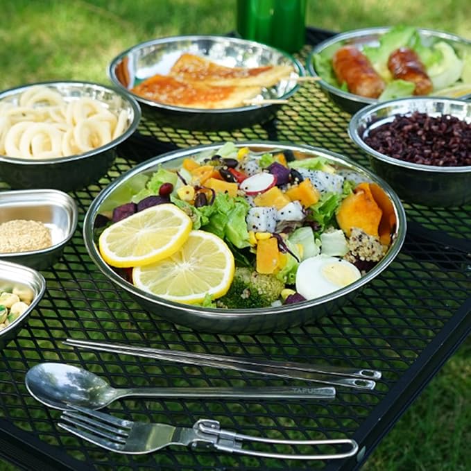 Portable Camping Tableware Stainless Steel Plates Bowls for Hiking Picnic Outdoor Use with Mesh Bag for Easy Cleaning and Drying