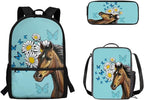 Daisy Butterfly and Horse Patterns 3 Pieces Book Bag Set with Large Capacity Pencil Case Lunch Bag, Study Supplies for Boys Lightweight Stylish Cool School Bag Gift
