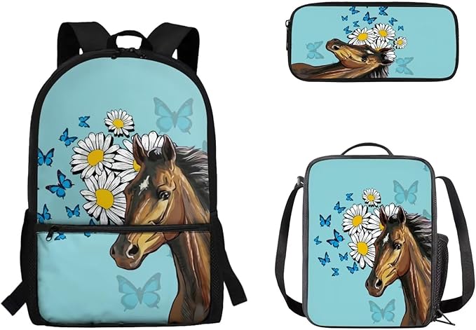 Daisy Butterfly and Horse Patterns 3 Pieces Book Bag Set with Large Capacity Pencil Case Lunch Bag, Study Supplies for Boys Lightweight Stylish Cool School Bag Gift