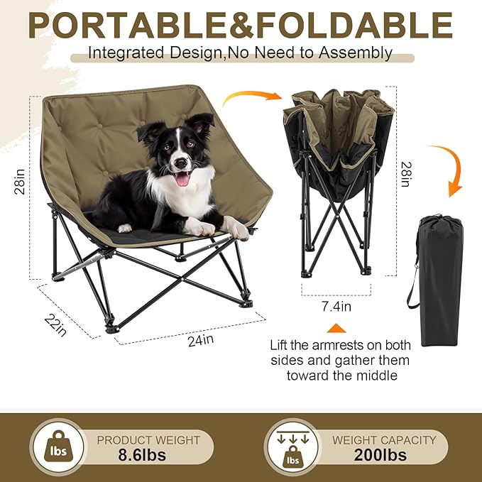 Portable Dog Camping Chairs for Dogs Raised Pet Bed for Outdoor Folding Chair Patio Lazy Puppy Cot Heavy Duty Pet Camping Gear(28x 24 x 22 Inches,Brown)
