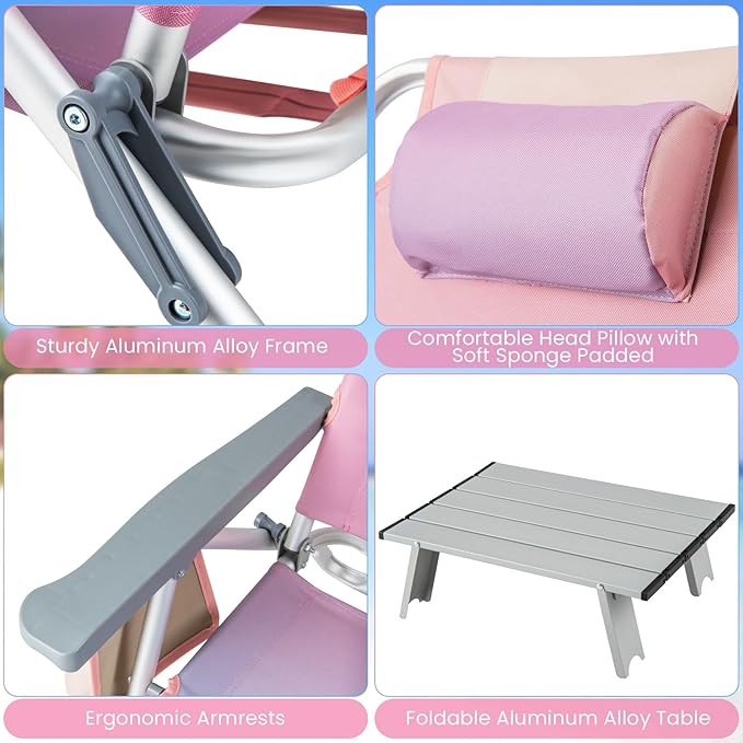 GYMAX Beach Chairs, Backpack Camping Chair with Armrest, Cooler Bag, Cup Holder, Towel Bar & Side Pockets, Sunbath Sling Tanning Lounge, Folding Layout Chair (with Table, Pink)