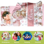 Custom Toddler Nap Mat for Preschool, Personalized Name Pink Kids Sleeping Bag with Bear for Daycare, Roll Up Sleeping Mat with Removable Pillow and Soft Dot Minky Blanke for Girls Camping