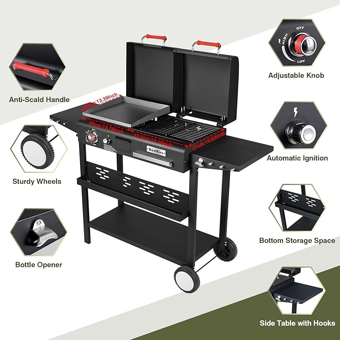 Propane Gas Griddle Charcoal Grill Combo Flat Top Griddle W/Dual Lids & 2 Side Shelves Dual Fuel BBQ Grill for Outdoor Barbecue