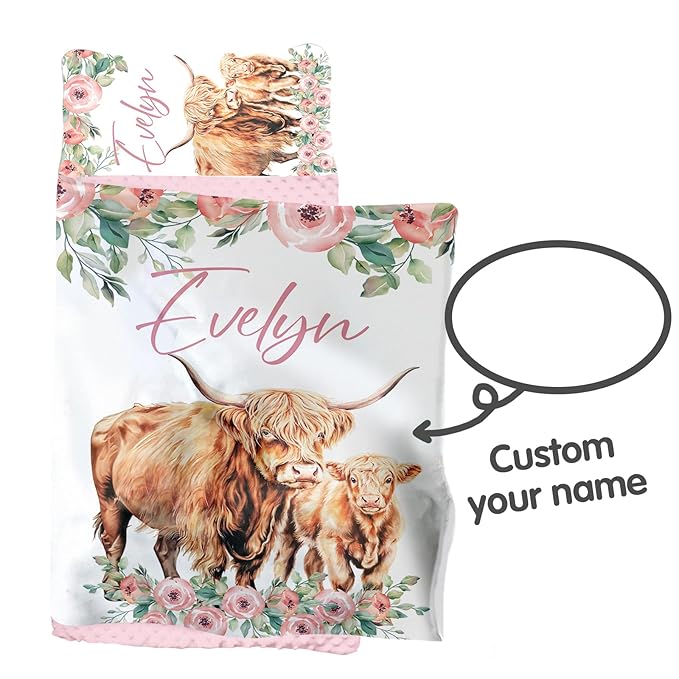 Custom Toddler Nap Mat for Preschool, Personalized Name Kids Sleeping Bag with Highland Cow Pattern for Daycare, Roll Up Sleeping Mat with Removable Pillow and Soft Dot Minky Blanke for Girls Camping