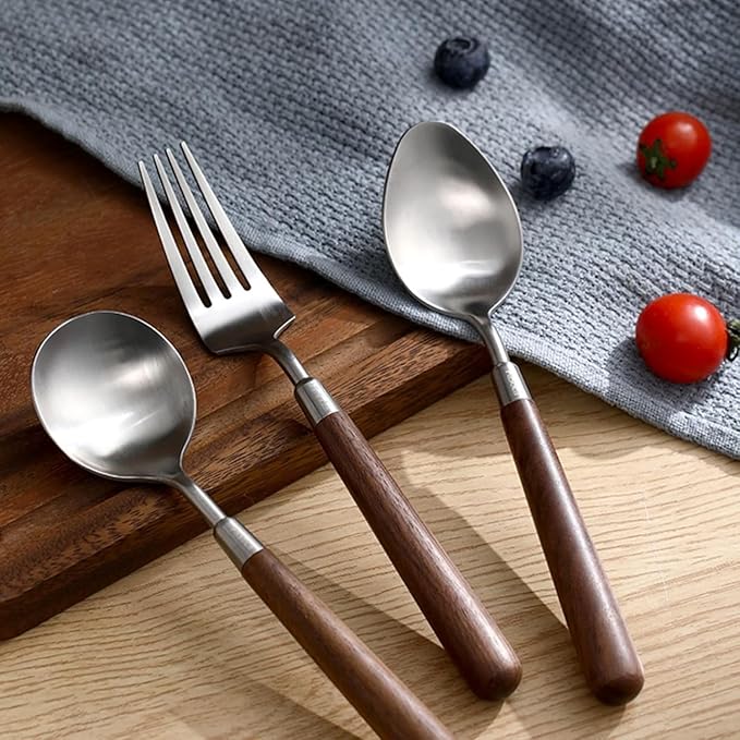 Dishwasher Saf,32 Piece Silverware Set for 8 with Wooden Handles, 18/8 Stainless Steel, Suitable for VIP Gatherings, Camping Adventures