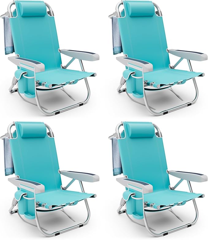 Tangkula Set of 4 Backpack Beach Chair, 5-Position Lightweight Folding Lay Flat Beach Chairs with Storage Bag, 2 Cup Holders, Towel Bar, Backpack Straps