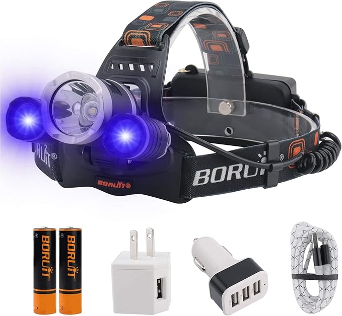 BORUIT RJ-3000 Headlamp with Black Light, 3 Modes Super Bright LED Head Lamps, USB C Rechargeabe, IPX4 Waterproof UV Headlight for Adults Hunting Fishing Camping