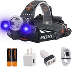 BORUIT RJ-3000 Headlamp with Black Light, 3 Modes Super Bright LED Head Lamps, USB C Rechargeabe, IPX4 Waterproof UV Headlight for Adults Hunting Fishing Camping