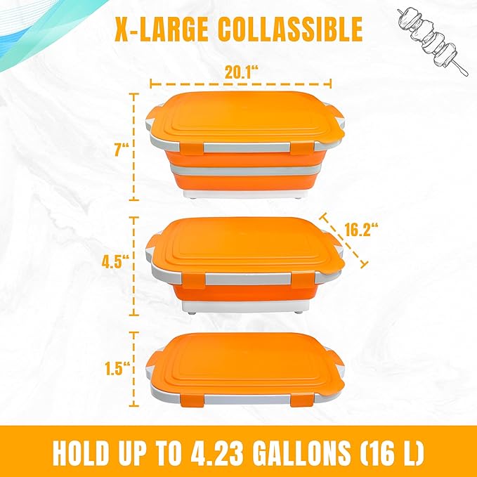 Collapsible BBQ Prep Tub with Cutting Board & Lid, Folding Food Container BPA-Free Heavy-Duty, Dishwasher Safe, Upgraded Drain Hole - for Camping, Grilling Outdoor Cooking (Orange, X-Large)