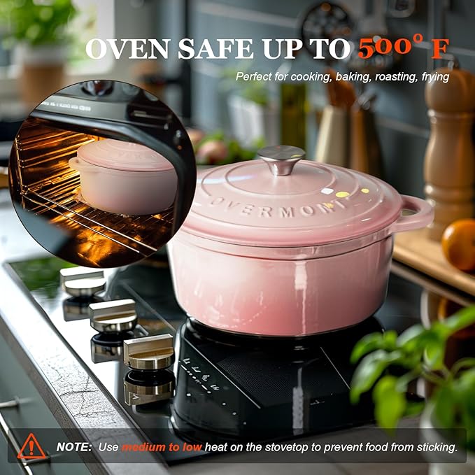 Overmont Enameled Cast Iron Dutch Oven - 4.5QT Pot with Lid Cookbook & Cotton Potholders - Heavy-Duty Cookware for Braising, Stews, Roasting, Bread Baking pink