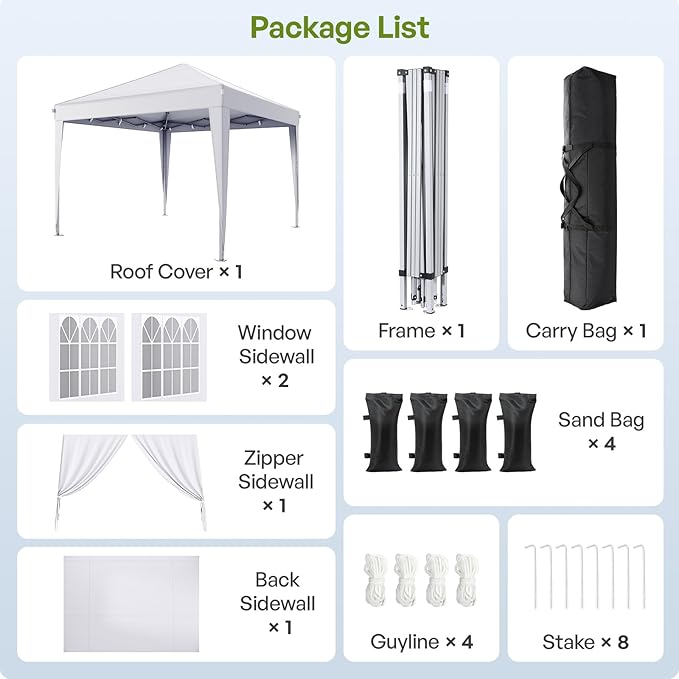 10x10 Pop Up Canopy with Sidewalls, Outdoor Instant Canopy Tent with Carry Bag for Commercial Events, Camping, Backyard Parties - White