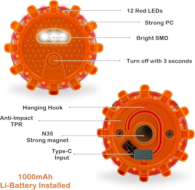 USB-C Rechargeable LED Road Flares Emergency Lights-Large Capacity (Lithium Battery) 3 in 1 Cable Roadside Warning Car Safety Beacon Flashing Disc Flare Kit with Magnetic Base for Vehicles