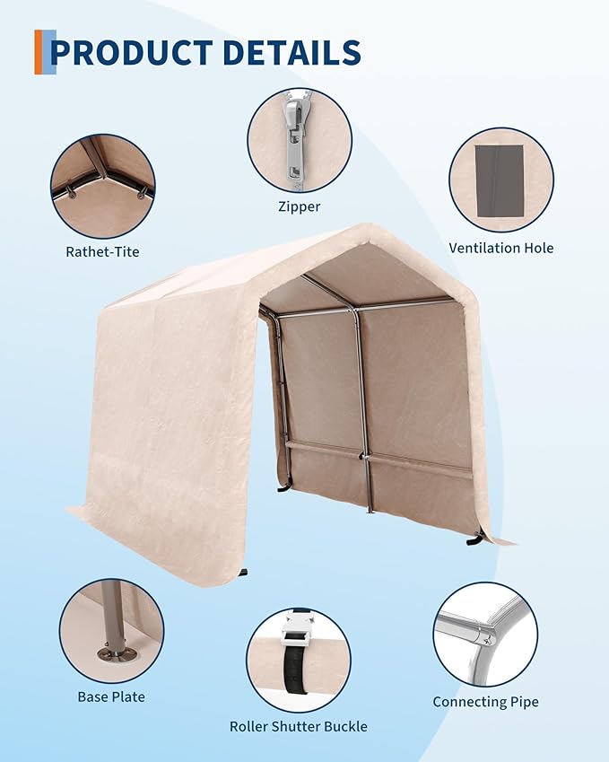 Outdoor Storage Building, 6x6 Heavy Duty Canopy Tent for Motorcycle, Waterproof Outdoor Canopy with Roll-Up Door, Portable Shed Storage Shelter for Firewood and Garden Tools, 6' x 6' - Gray