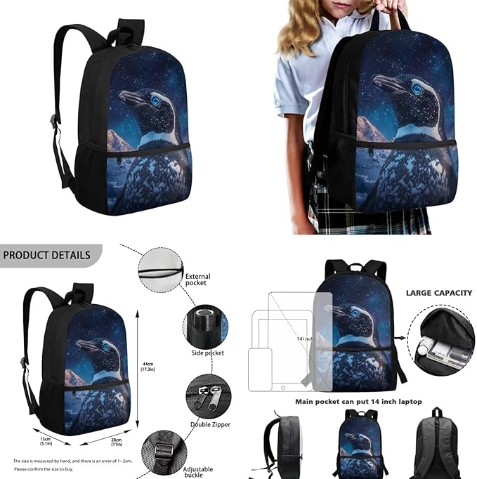Penguin Kids School Backpack with Lunch Box for Boys Elementary School Bag Lightweight Teenage Backpacks for Boys Book Bags with Front Pocket 17 Inch Daypack Rucksack for Daily