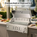 Large Built-In Charcoal BBQ Grill, Charcoal Grills with Liftable Tray, Insulated Hood & Temperature Gauge, Heavy-Duty Stainless Steel Barbecue Grill for Outdoor Kitchen, Family Parties, and Camping