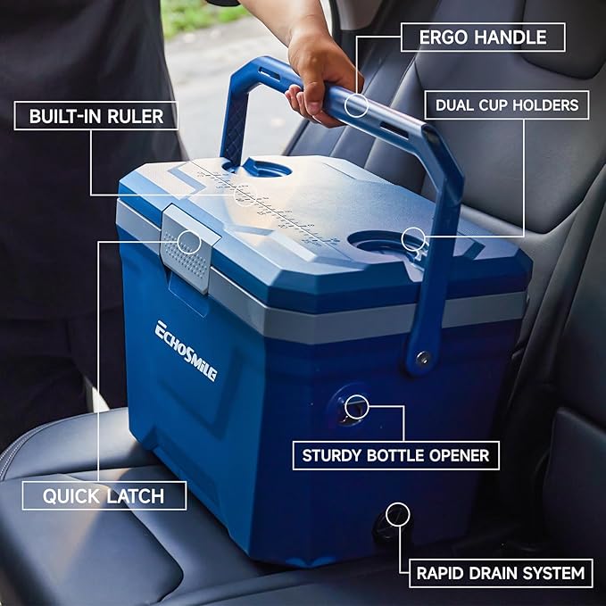 EchoSmile Insulated Portable Cooler 20L/21qt, Outdoor Hard Cooler Ice Chest Box for Camping, Drink, Beach, Fishing and Boating