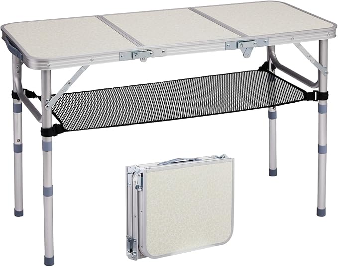 VINGLI Small Folding Table Portable 3FT Aluminum Foldable Camping Table for Picnic Card Table with 3 Adjustable Height & Carry Handle for Outdoor Indoor Hiking Camp BBQ Beach-White