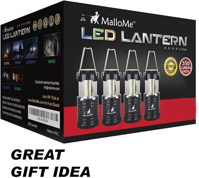 MalloMe LED Camping COB Lantern Flashlights 4 Pack - Super Bright - 240 Lumen Portable Outdoor Lights - AA Batteries Required, Not Included (Black, Collapsible)