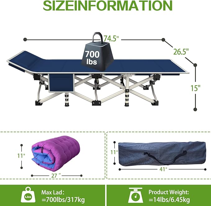 Camping Cot with Comfortable Mattress Cots for Sleeping with Pad Heavy Duty Camping Bed Sleeping Bed Include Carry Bag Camping Cots for Adults Home Office Vocation Outdoor Nap