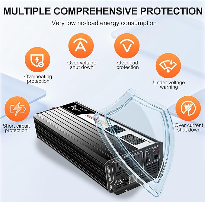 3000W Pure Sine Wave Power Inverter with Bluetooth, 6000W Surge, 12V DC(Range 10V-15V) to 120V AC Converter for Camping, RV, Truck & Home Backup