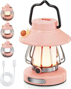 HOMY Pink Retro Kids Camping Lantern, 3-Color Dimmable Portable LED Night Light with Handle, Vintage Decorative Lamp for Toddlers, Gift for Tent, Backyard & Indoor Play