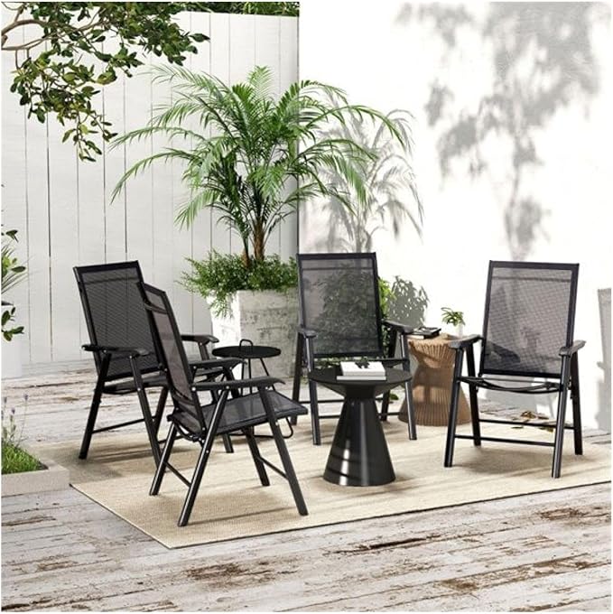 Folding Camping Chairs Set of 4, Portable Outdoor Chair with Armrests, Heavy Duty Steel Frame for Concerts, Fishing, Black