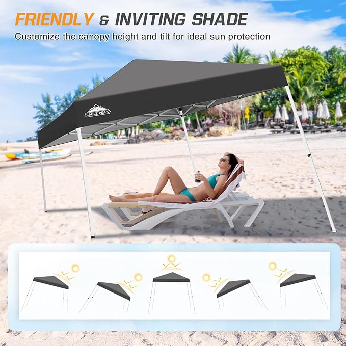 EAGLE PEAK 10x10 Slant Leg Pop-up Canopy Tent Easy One Person Setup Instant Outdoor Beach Canopy Folding Portable Sports Shelter 10x10 Base 8x8 Top (Gray)