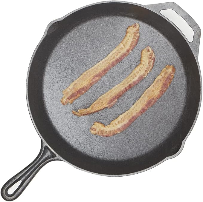 12" Cast Iron Skillet (Black), By Home Basics | Frying Pan For Pancakes, Meat, and Fish | Large Skillet For Stovetop and Campfire | Nonstick With Pour Spouts