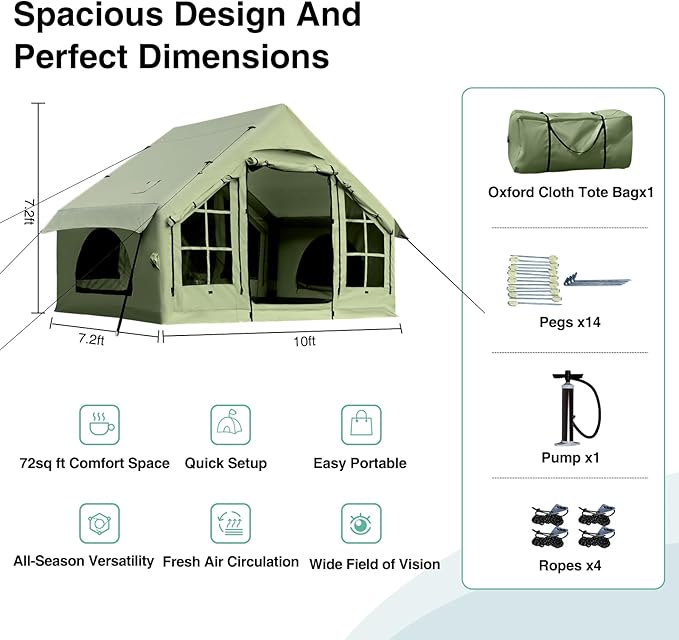 2025 Upgraded Waterproof Inflatable Camping Tent, Large Blow-Up Air Tent, No Assembly Needed Luxury Glamping House, Oxford Fabric